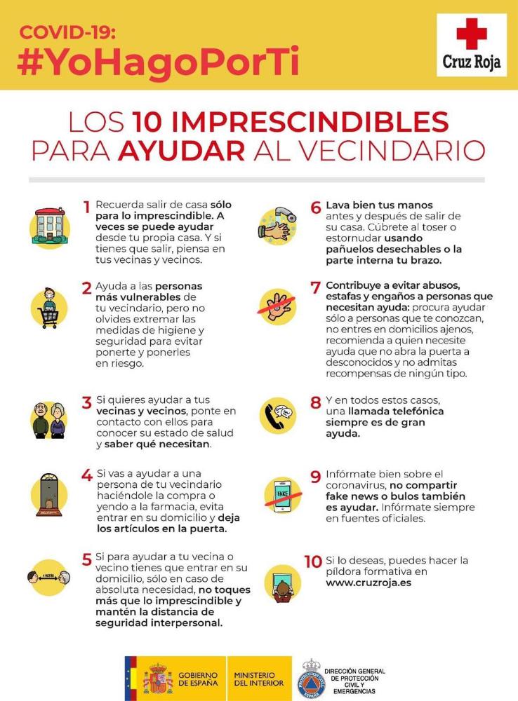 Imagen COVID-19. LOS 10 IMPRESCINDIBLES PARA AYUDAR AL VECINDARIO. Un mensaje de Cruz Roja