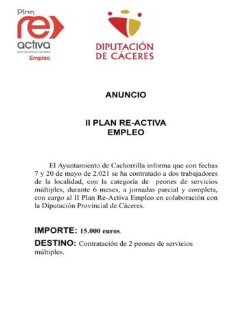 Imagen Contratación de 2 peones de servicios múltiples con cargo al II Plan Re-Activa Empleo